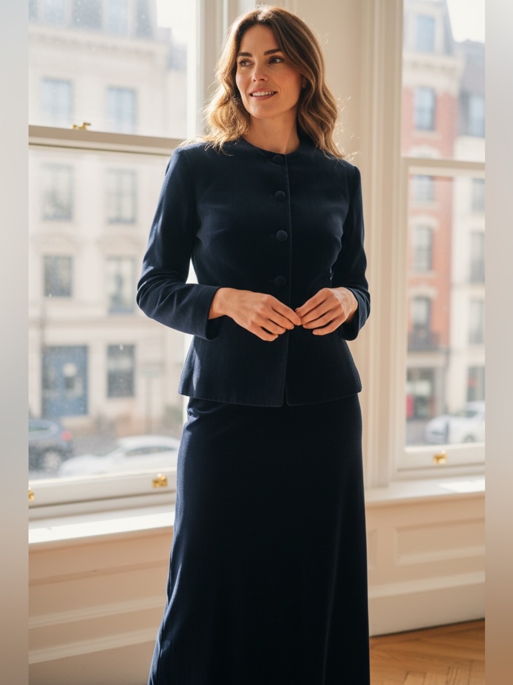 AH AUSTIN HILL NAVY VELVET 70s 2PC JACKET & MAXI SKIRT QUIET  LUXURY SZ 10